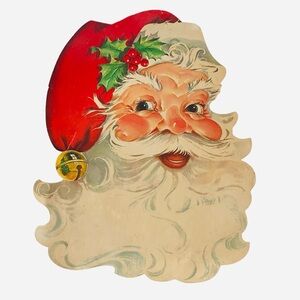 Vintage MCM 1950s Die Cut Cardboard Santa Head Cutout Wall Decoration Hanging